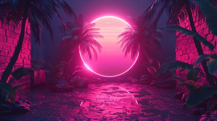 Illustration of a tropical background with sunset or dawn in neon light in retro style. Palm trees and the sun - obrazy, fototapety, plakaty