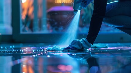 a cropped image of a woman cleaning the floor with a rag and spray while kneeling, Generative AI. - Powered by Adobe