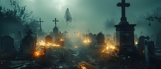 Ethereal Spirits Glide in Misty Cemetery. Concept Gothic Photoshoot, Atmospheric Settings, Elegant Victorian Style
