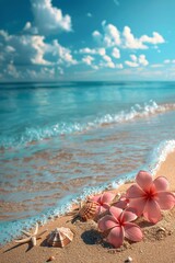 Fototapeta na wymiar Beach Scene With Pink Flowers and Seashells