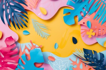 An artistic paper cutout artwork featuring tropical leaves and abstract shapes in vibrant, playful colors..