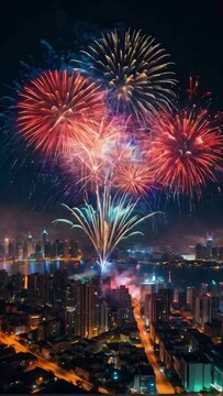 Colorful dazzling fireworks display erupting over a city skyline at night