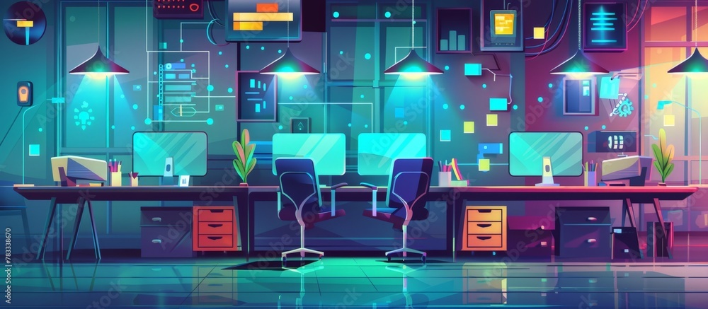 Poster computer desk setup in a room featuring two monitors and a desk lamp for a modern work environment