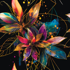 Glowing neon illuminated style watercolor drawing gold lines exotic flowers seamless pattern. Glow beautiful colorful modern vector background. Bright shiny repeat tropical backdrop. Endless texture