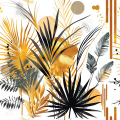 Watercolor botanical seamless pattern with tropical plants, palm leaves, gold lines. Vector leafy painted beautiful background. Floral pattern. Trendy abstract ornate arrangements with tropical plant - 783338611