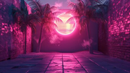 Illustration of a tropical background in neon light in retro style - obrazy, fototapety, plakaty