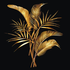 Gold glittery tropical 3d plants, palm branches with leaves, glitters. Textured shiny botanical palm leaves pattern background illustration. Luxury decorative glowing beautiful modern 3d design - 783338666
