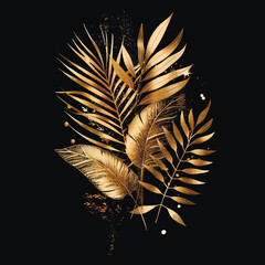 Gold lines glittery tropical 3d plants, palm branches with leaves, glitters. Textured shiny botanical palm leaves pattern background illustration. Luxury decorative glowing beautiful modern 3d design