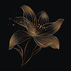 3d Gold glittery glowing blooming exotic line art flower pattern. Black ornate vector background illustration with golden lines flower, leaves. Decorative grunge textured shiny luxury stylish design - 783338684