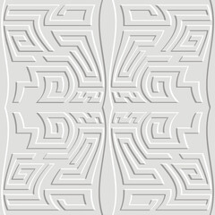 3d white embossed beautiful elegant seamless pattern. Textured relief ornamental vector background. Surface emboss abstract ornaments with chinese style meander. Endless texture with embossing effect