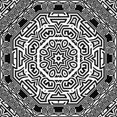 Black and white ornamental floral ethnic style mandalas seamless pattern with lines abstract flowers, greek key meanders, frame. Isolated mandalas vector pattern on white background. Endless texture