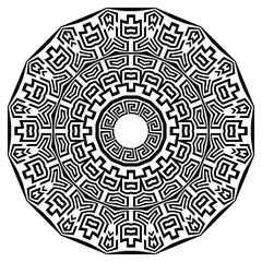 Black and white ornamental circle tribal ethnic greek style mandala pattern with lines abstract flowers, meanders. Isolated mandala vector pattern on white background. Beautiful decorative design
