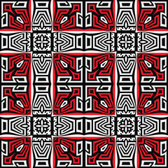 Chinese style checkered ornamental squares with meanders seamless pattern. Elegant plaid tartan geometric vector background. Tribal ethnic ancient colorful ornaments. Endless patterned ornate texture