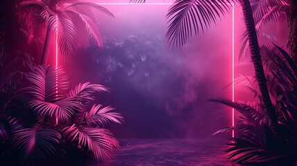 Illustration of a tropical background in neon light in retro style