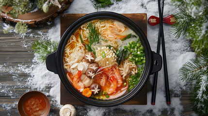 Top-down view of a realistic anime style nabe pot on a snow-covered wooden table Large black nabe pot, clear golden broth