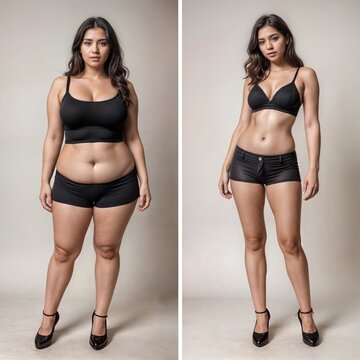 Comparison photos show a woman before and after sports activities, emphasizing weight loss and muscle definition 