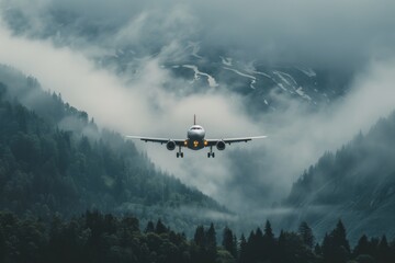 Fototapeta na wymiar An airplane is captured head-on as it emerges from a captivating scene of misty mountains and forest, giving a sense of adventure