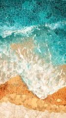 Fototapeten a mosaic image of a Thai White sand beach and turquoise ocean, colors are shades of cool bright turquoise, baby blues, and light orange on a white background © Jirut