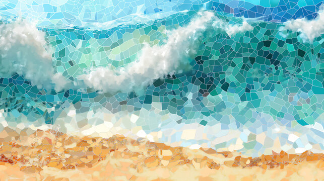 a mosaic image of a Thai White sand beach and turquoise ocean, colors are shades of cool bright turquoise, baby blues, and light orange on a white background
