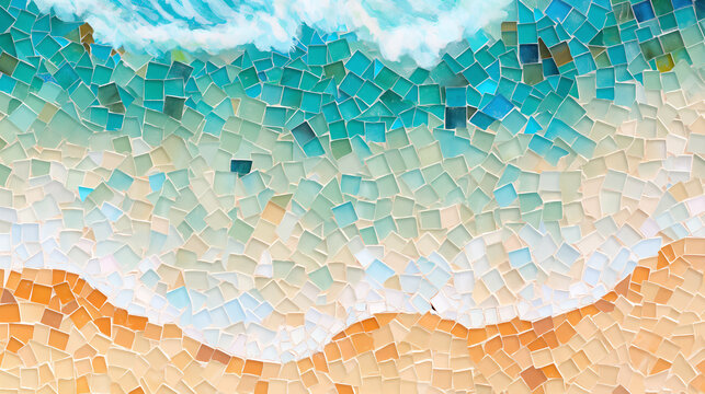 a mosaic image of a Thai White sand beach and turquoise ocean, colors are shades of cool bright turquoise, baby blues, and light orange on a white background