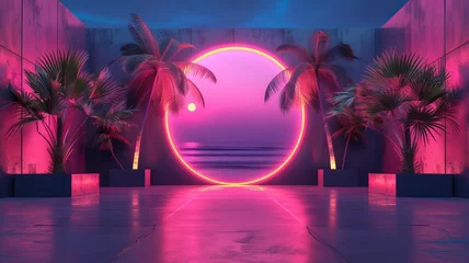 Fototapeten Illustration of a tropical background in neon light in retro style © CaptainMCity