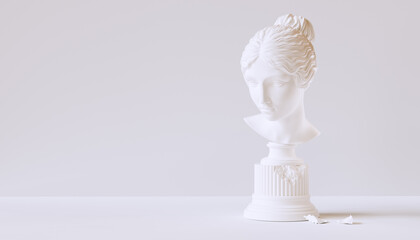bust of an ancient Greek statue and a destroyed column in a studio on a white background 3d rendering - 783339264