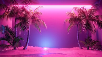 Fototapeta na wymiar Illustration of a tropical background in neon light in retro style