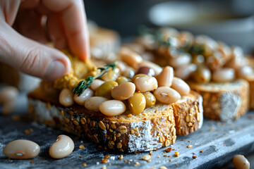 Bean sandwich. Hand spreads white bean and olive paste on toast