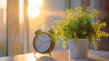 Alarm clock on the table with plant Morning time