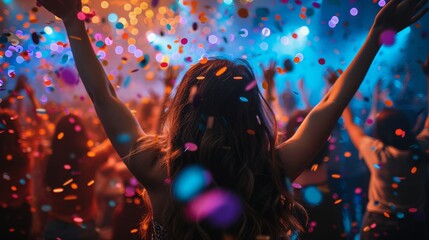 Group of People Celebrating at Party With Confetti - obrazy, fototapety, plakaty