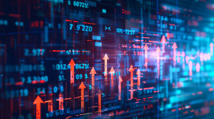Futuristic raise arrow chart digital transformation abstract technology background. Big data and business growth currency stock and investment economy