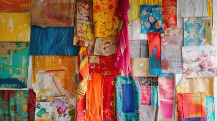 A vibrant array of various textiles presents an eclectic mix of colors and patterns, perfect for creative inspiration and decor.. - obrazy, fototapety, plakaty