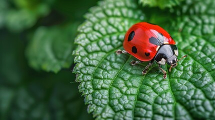 Naklejka premium Ladybug Perched on Green Leaf