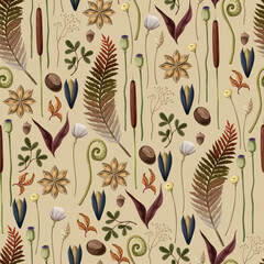 Seamless pattern with autumn leaves, berries and seeds. Vector.