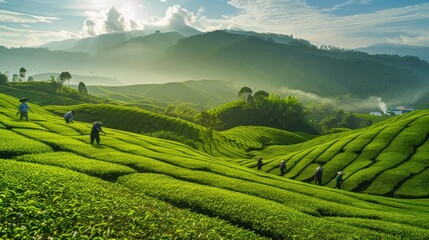 Fototapeta premium Early morning harvest in a vibrant green tea plantation, with workers in traditional hats picking leaves amidst the mist-covered hills illuminated by soft sunlight..