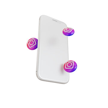 Isolated Buttons Instagram logo with a blank screen mobile phone. Instagram is a free social media app for sharing photos and videos with other people of the network, 3d render transparent.