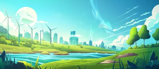 Foto op Plexiglas Green landscape featuring wind turbines generating renewable energy © AkuAku