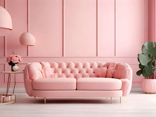 Fototapeta na wymiar Pastel pink interior design and furniture. Fresh and bright livingroom of the lounge area. Salon with accent rose sofa. Modern mockup background and walls for art or decor. 3d rendering