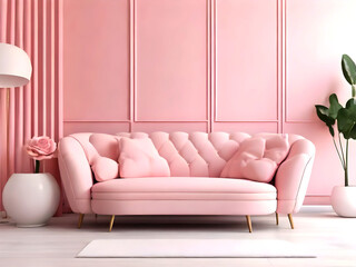 Pastel pink interior design and furniture. Fresh and bright livingroom of the lounge area. Salon with accent rose sofa. Modern mockup background and walls for art or decor. 3d rendering