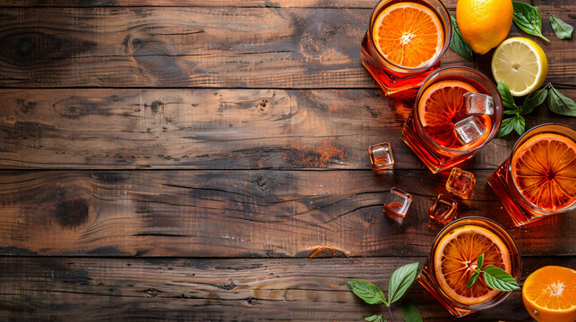 Aperol and ingredients drinks on wood background cop