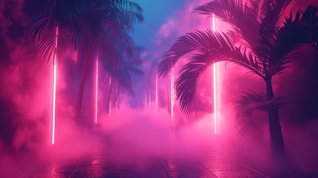 Illustration of a tropical background in neon light in retro style