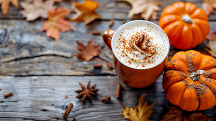 Autumn pumpkin spice latte on rustic wood background
