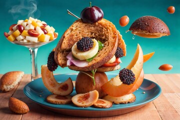 sandwich with levitating fruit elements, set against a teal background.
