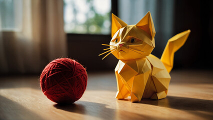 Adorable playful origami paper kitten playing with a red wood ball at home. Children's book illustration.