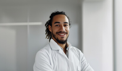 Obraz premium Portrait of a smiling male doctor of Spanish appearance in a white coat.