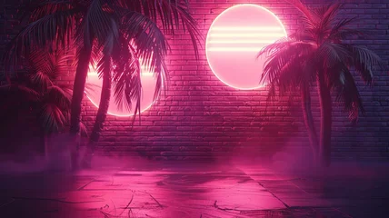 Zelfklevend Fotobehang Illustration of a tropical background in neon light in retro style © CaptainMCity