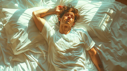 Tableau d'un jeune homme châtain en T-shirt blanc endormi dans son lit, les rayons du matin illuminent les draps - obrazy, fototapety, plakaty