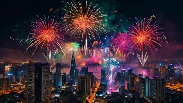 Colorful dazzling fireworks display erupting over a city skyline at night