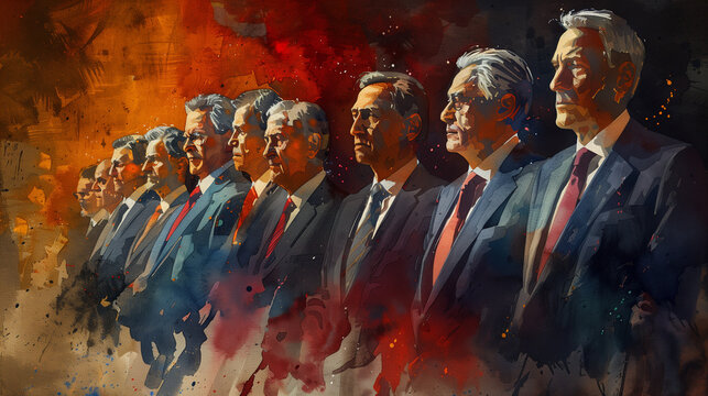 Equipe de cadres ex&eacute;cutifs dirigeant, CODIR ou conseil d'administration d'une entreprise, ligne de grands hommes en costume, dessin &agrave; l'aquarelle