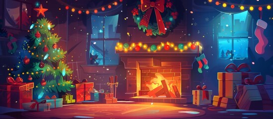 Obraz premium Gifts neatly wrapped in festive paper are arranged in front of a warm fireplace in a cozy Christmas scene